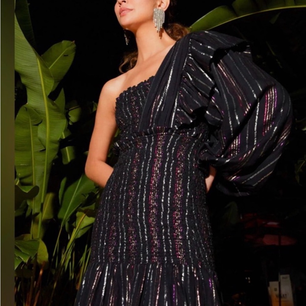 Farm Rio Lurex Stripes Mini Dress One Shoulder Statement Sleeve Sz Med